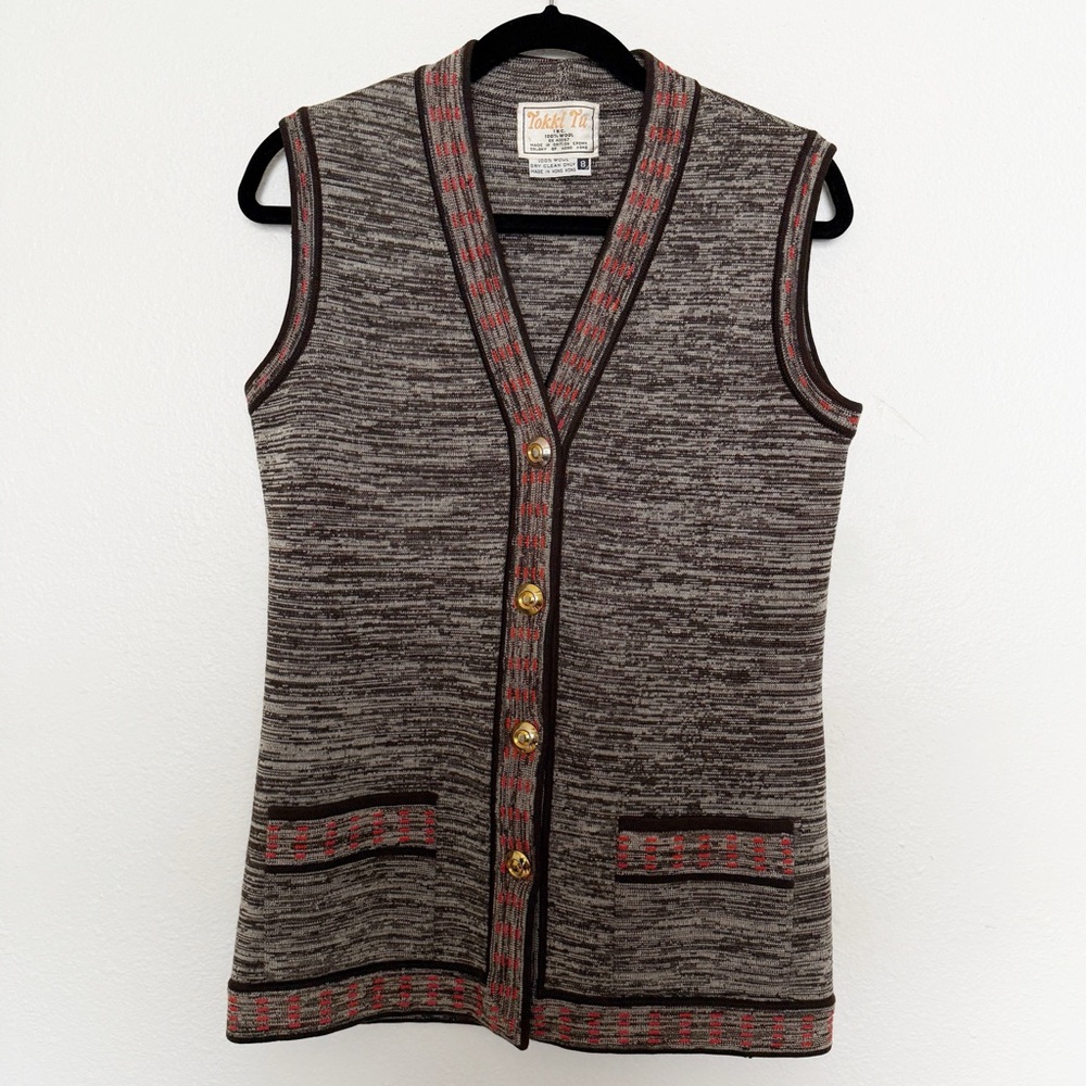 Vintage 60s 70s 100% Wool Cardigan Vest by Tokki Tu